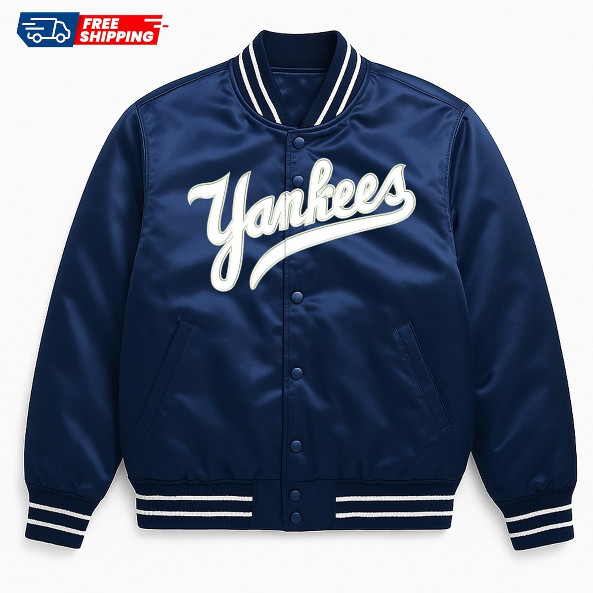 NY Yankees Navy Blue Satin Baseball Bomber Varsity Jacket Vintage