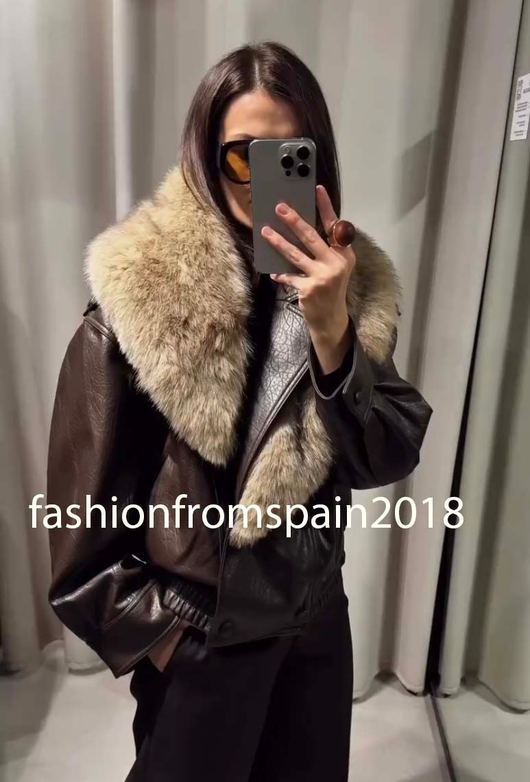 ZARA NEW WOMAN FAUX LEATHER JACKET WITH REMOVABLE COLLAR DARK