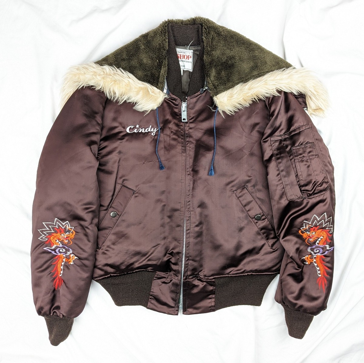 70s 80s Vintage Korea Souvenir Jacket faux Fur Split Hood Dragon