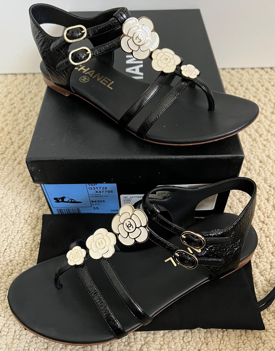 Chanel Camellia Flower CC Logo Black Leather Gladiator Flat