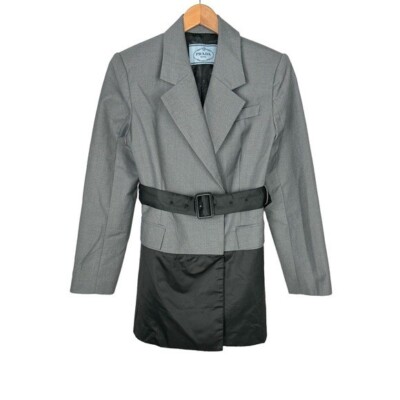 PRADA Double-Breast Belted Tricotine Jacket Blazer Modern Long