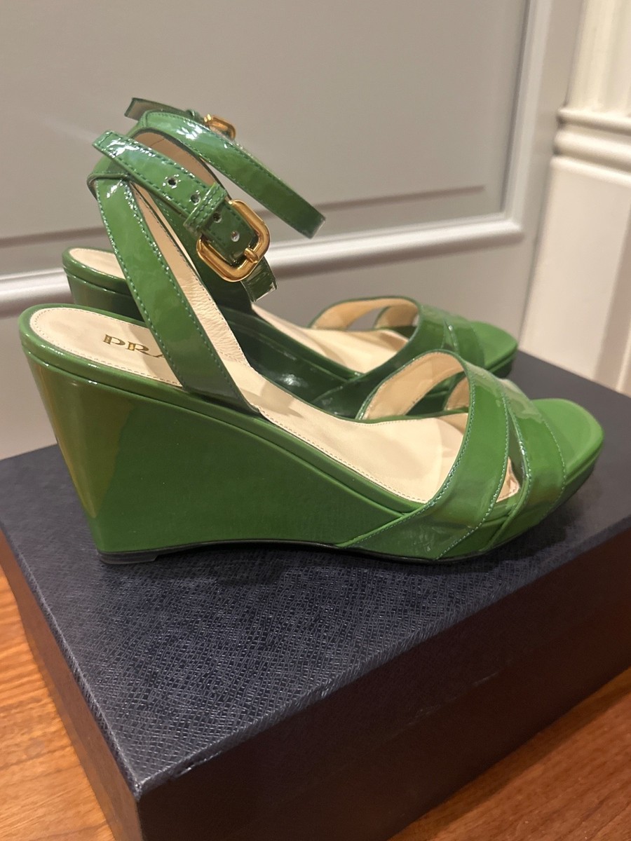 Prada Vernice Green Patent Leather Wedge Sandal Size 38 ( 8