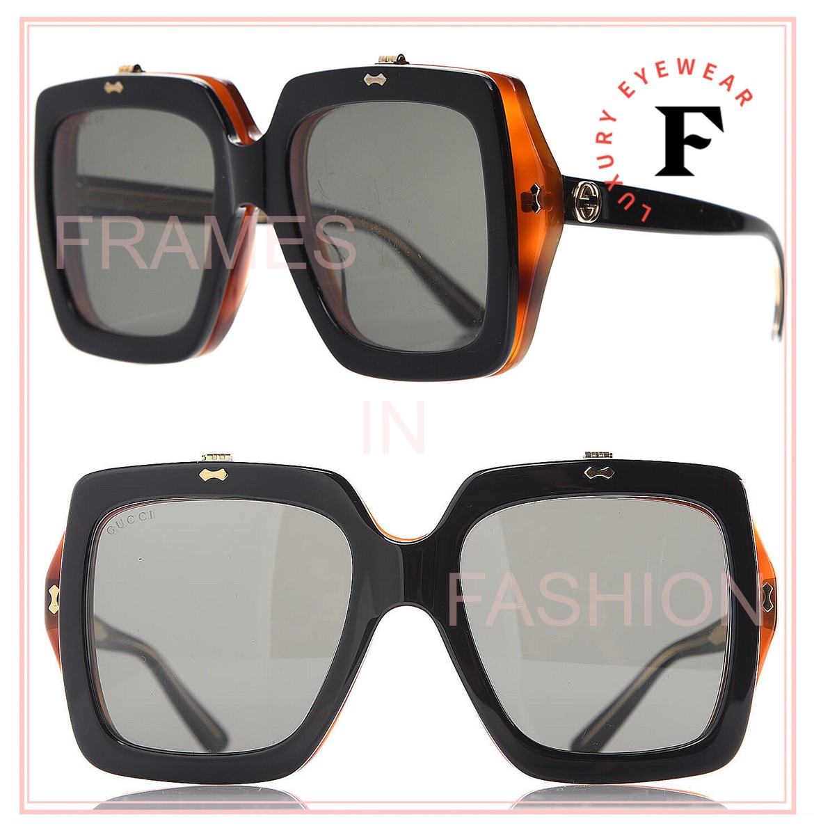 GUCCI AUTHENTIC 0088 Black Havana Brown Flip Retro Square