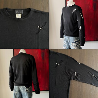 GIANNI VERSACE black silk men's sweater w/ safety pins on rip
