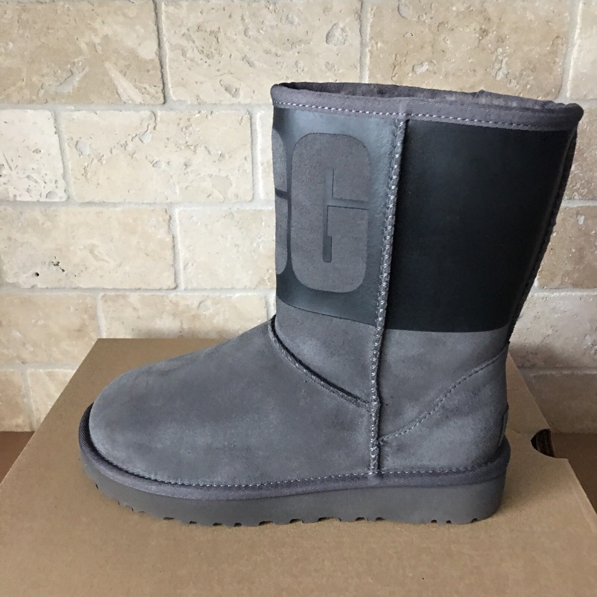 UGG Classic Short Rubber UGG Logo Grey Black Suede Sheepskin Boots