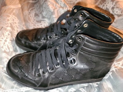 Gucci High Top Sneakers GG Imprime Size 8.5 G Black Leather 224778