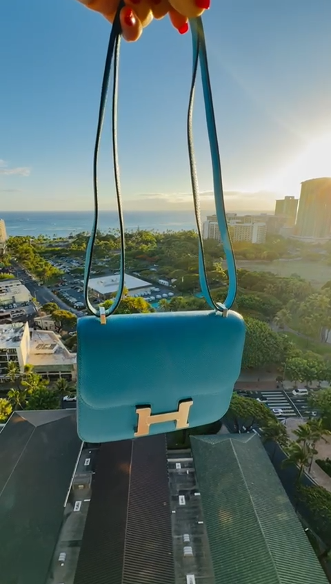 Hermes Constance 18 Blue Zanzibar Epsom Palladium Mini Bag Mirror