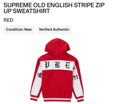 Supreme Old English Stripe Zip Up Hoodie Sz Large Sweatshirt DS
