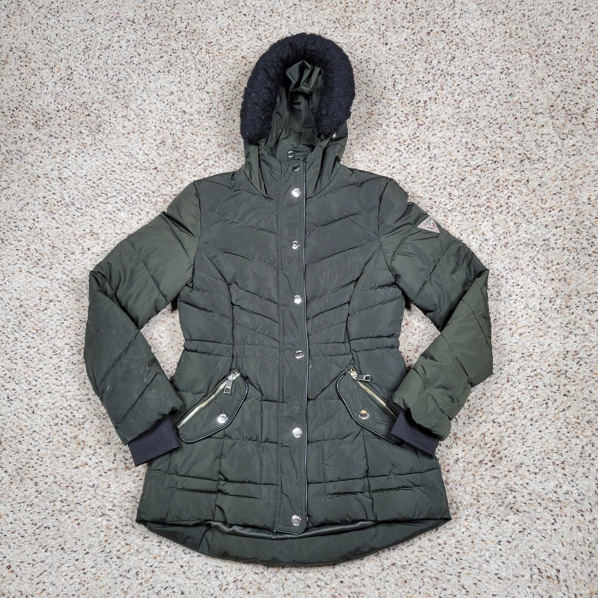 Guess Jacket Womens Small Green Puffer Parka Zip Hoodie Winter