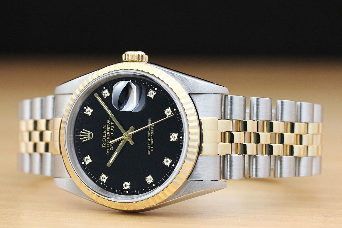 ROLEX MENS DATEJUST 16233 FACTORY DIAMOND BLACK DIAL 2-TONE