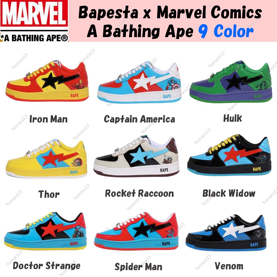 A Bathing Ape Bape Sta Marvel Comics Sneakers 9 Colors Size Men's