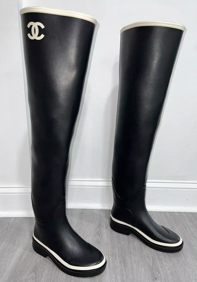 Chanel 22K Black White Caoutchouc CC Logo Thigh High Pull On