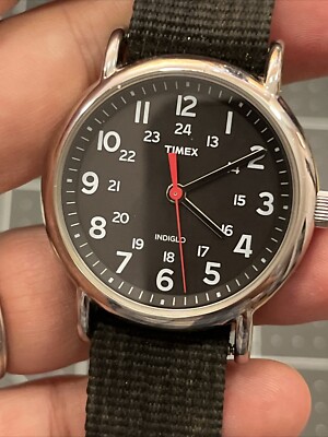 Timex Weekender Watch Men Indiglo 38mm Silver Tone Black Nato Band