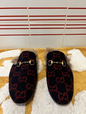 Men 8 US 8.5 Gucci Princetown Horsebit GG Fur Lined Slippers Mules