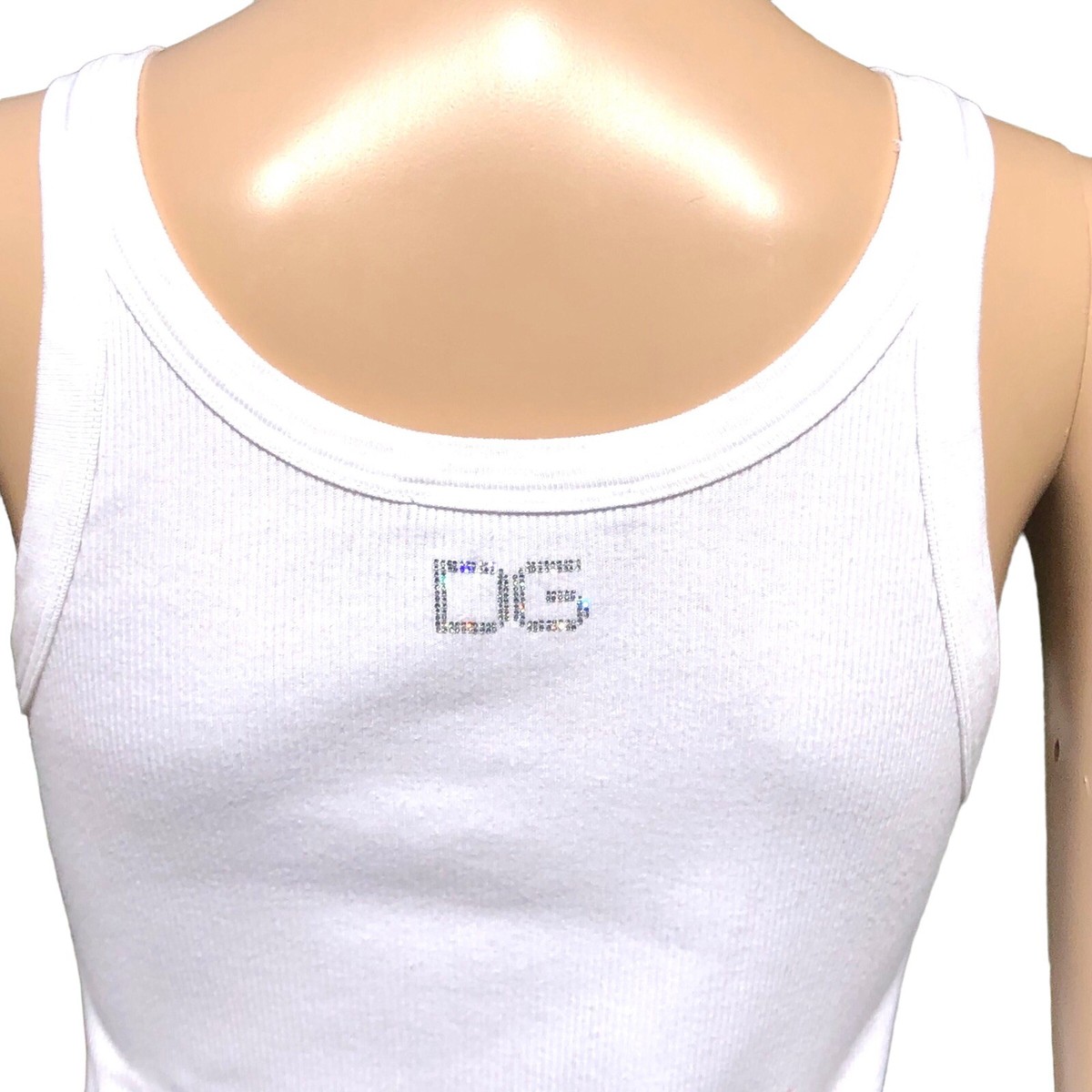 Dolce Gabbana White Ribbed Tank Top With Crystal DG Logo Sz M | eBay