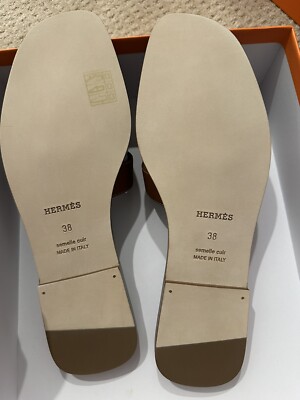 Size 38EU NEW HERMÈS Brown Gold Calfskin ORAN Sandals w/ Receipt