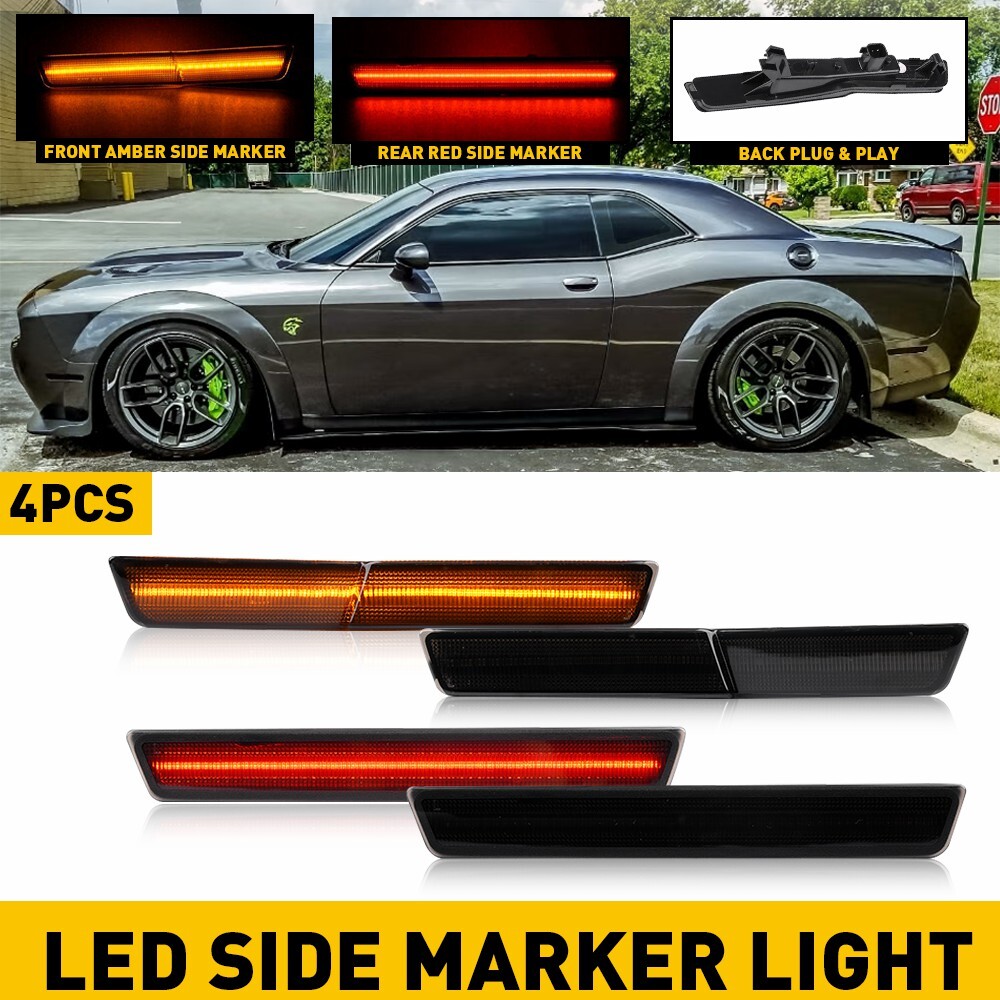 Fit 18-22 Dodge Challenger SRT Black Lens Side Marker Lights LED
