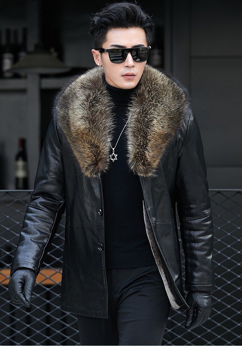 Winter Mens Leather Jacket Raccoon Fur Collar Fashion Thicken Warm