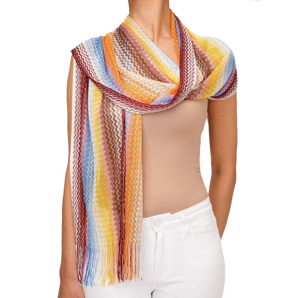 MISSONI Zigzag Woven Shawl Scarf Foulard Blue Orange White Pink
