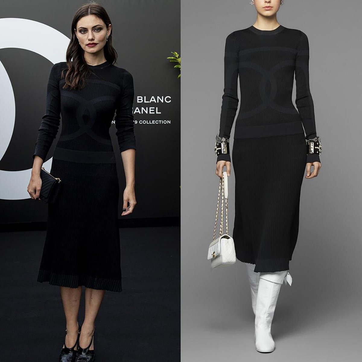 CHANEL 19B BLACK CC LOGO RIBBED SILK KNIT PLEATED MIDI DRESS 40 | eBay