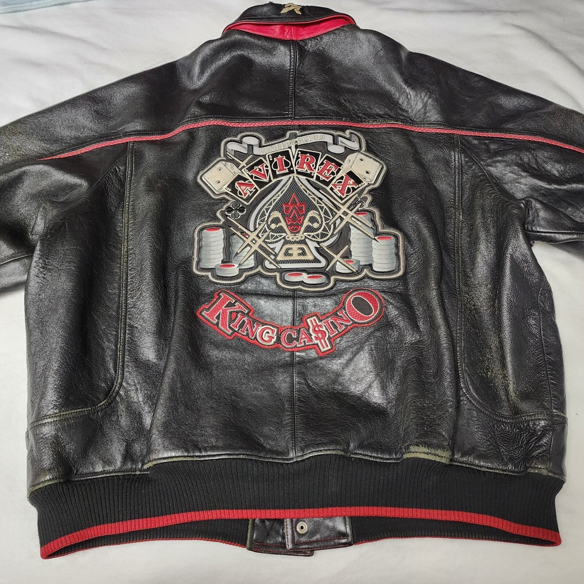 90s AVIREX KING CASINO All Leather Stadium Jacket Cards Vintage