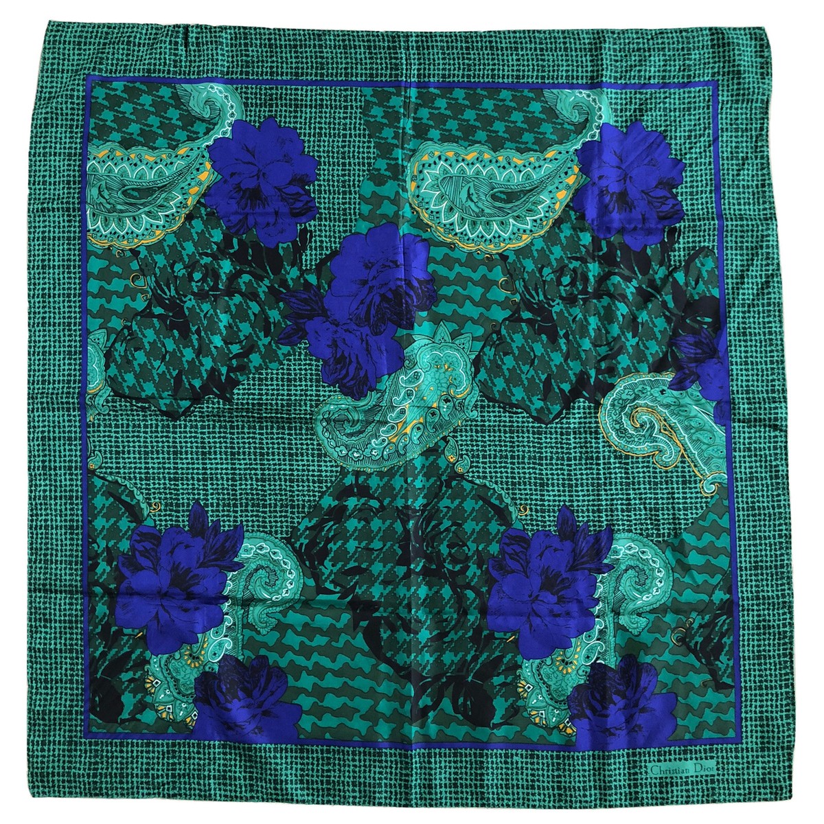 Christian Dior Autumn Green Hues Violet Floral Paisley Silk Scarf