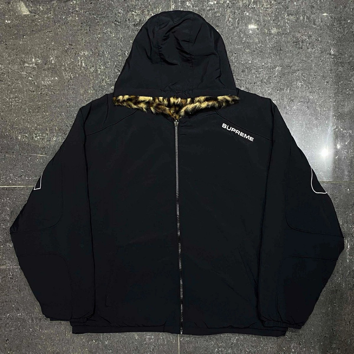 SUPREME Summer Faux Fur Reversible Hooded Track Jacket Black Size