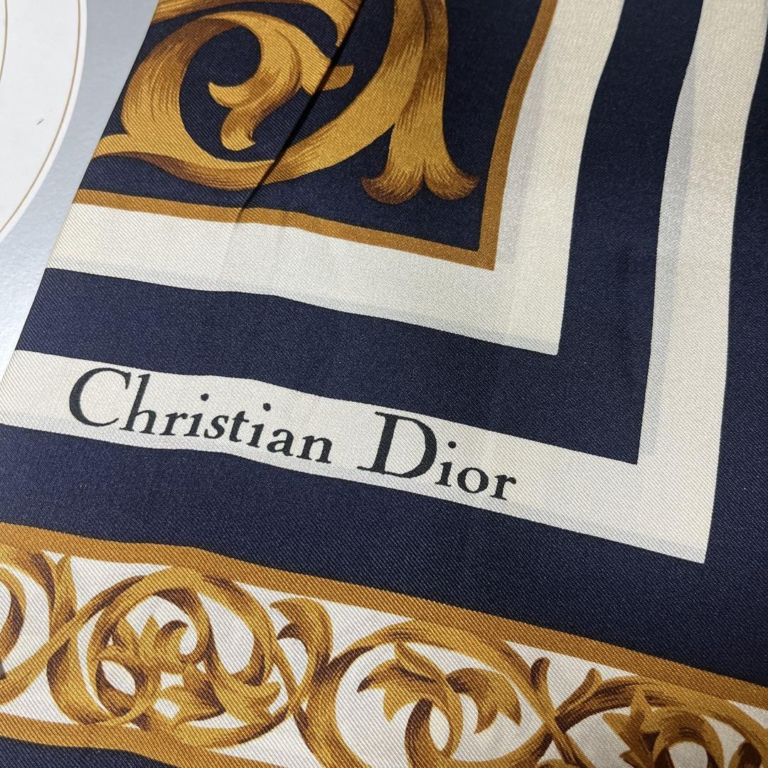Christian Dior Scarf Black Gold Silk Logo Dot Pattern Women France