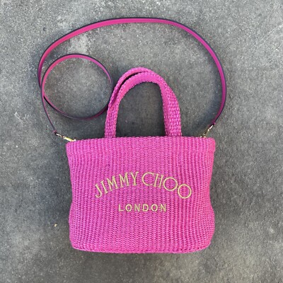 Jimmy Choo Beach Tote Fuchsia Raffia Tote Bag with Jimmy Choo