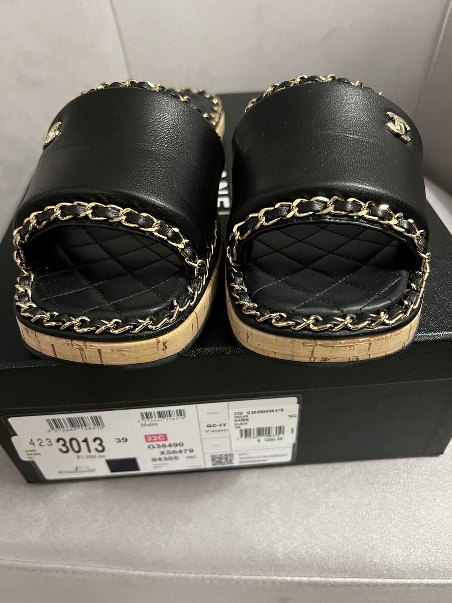 CHANEL SANDALS MULES SHOES BLACK-LEATHER WITH GOLD CHAIN SIZE 39