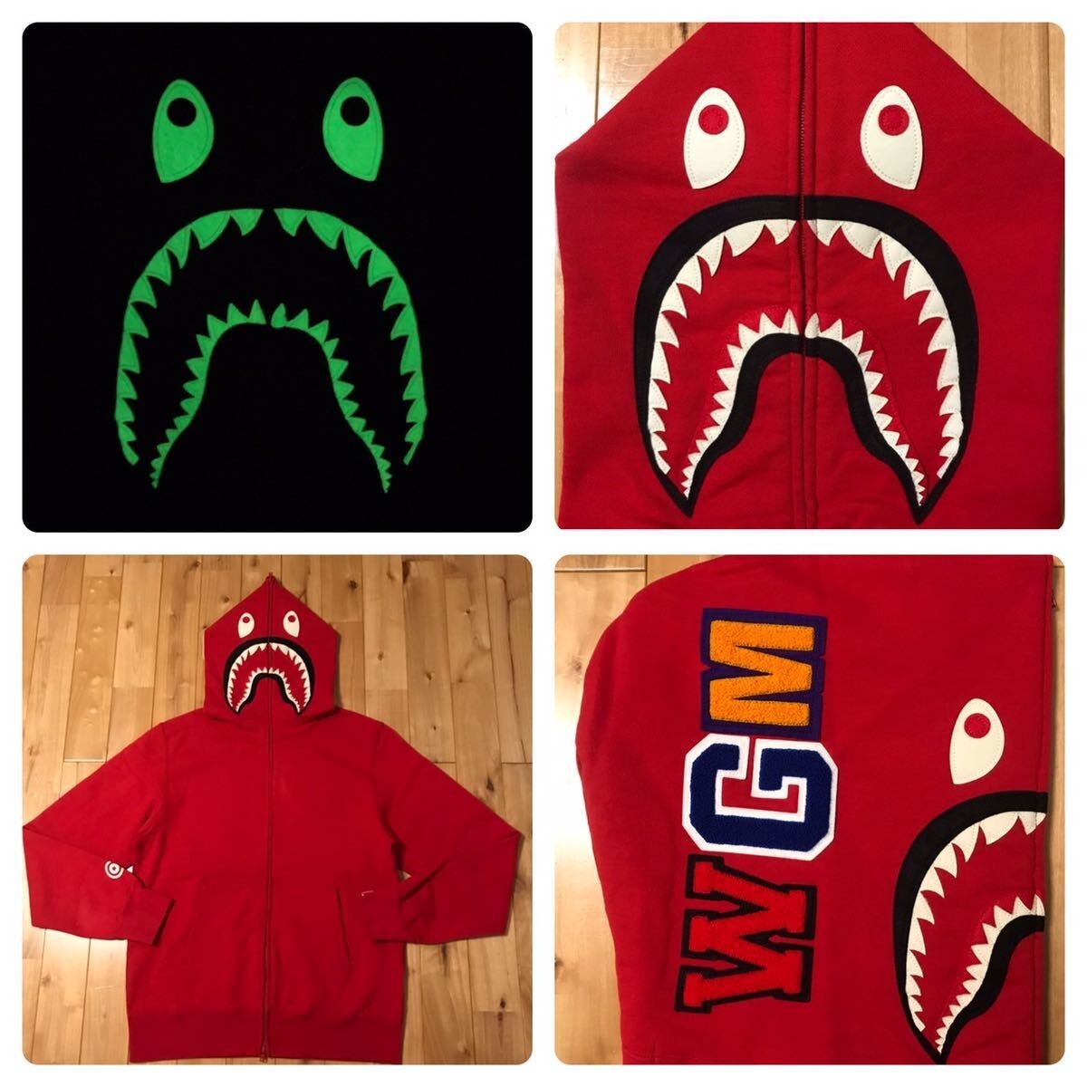 glow in the dark Shark full zip hoodie WGM BAPE Red A Bathing Ape