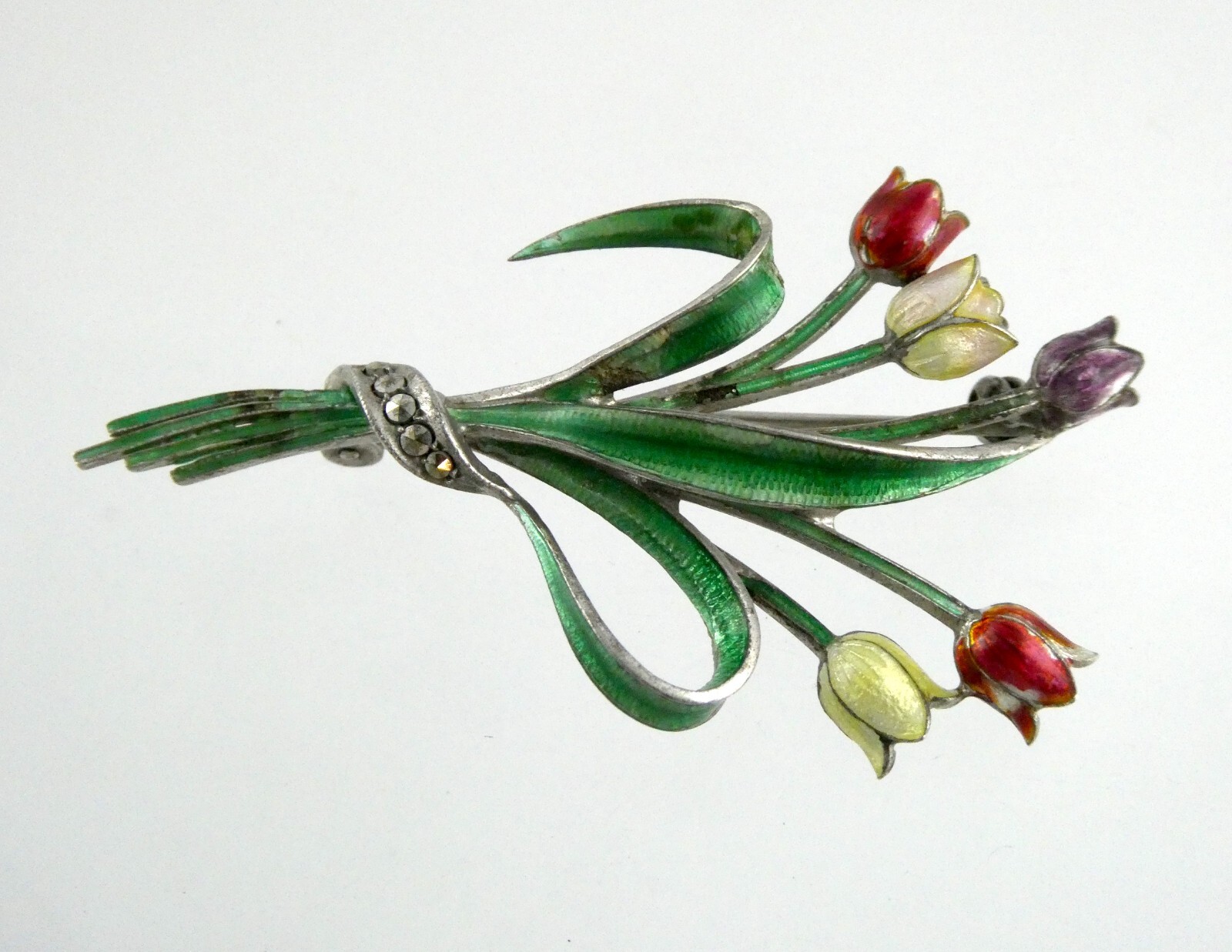 Vintage Austria 835 Silver Marcasite and Enamel Tulips Brooch
