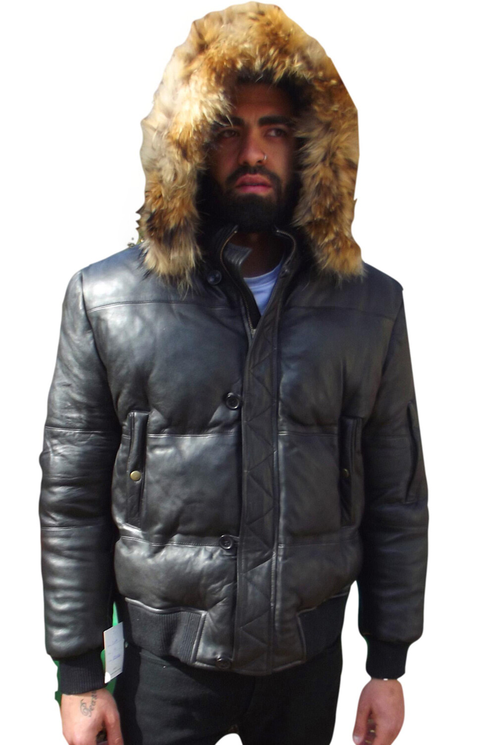 Mens Genuine Leather Jacket a Hooded Puffy Style Real Fur Trim Max