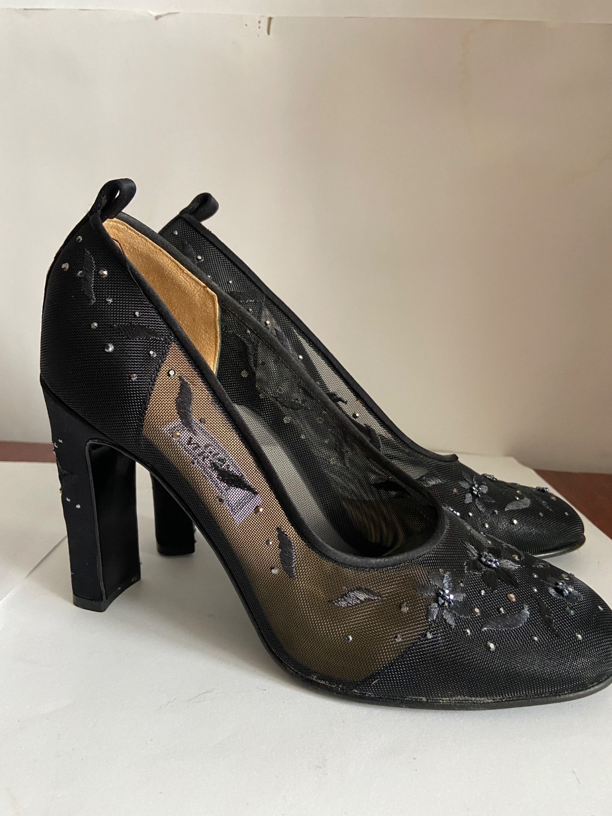 Vintage Gianni Versace 90s Black Beaded Pump Heels Shoes Size 37.5