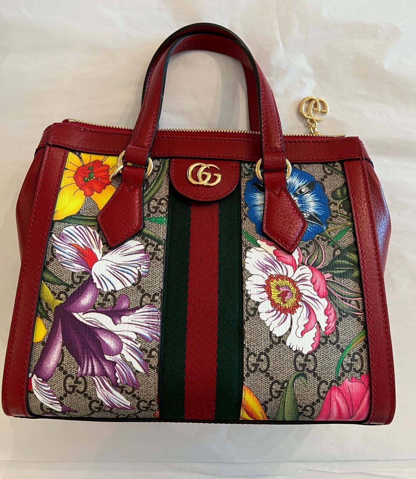 Gucci Ophidia Red Floral Small Tote Leather Canvas Flower Handbag