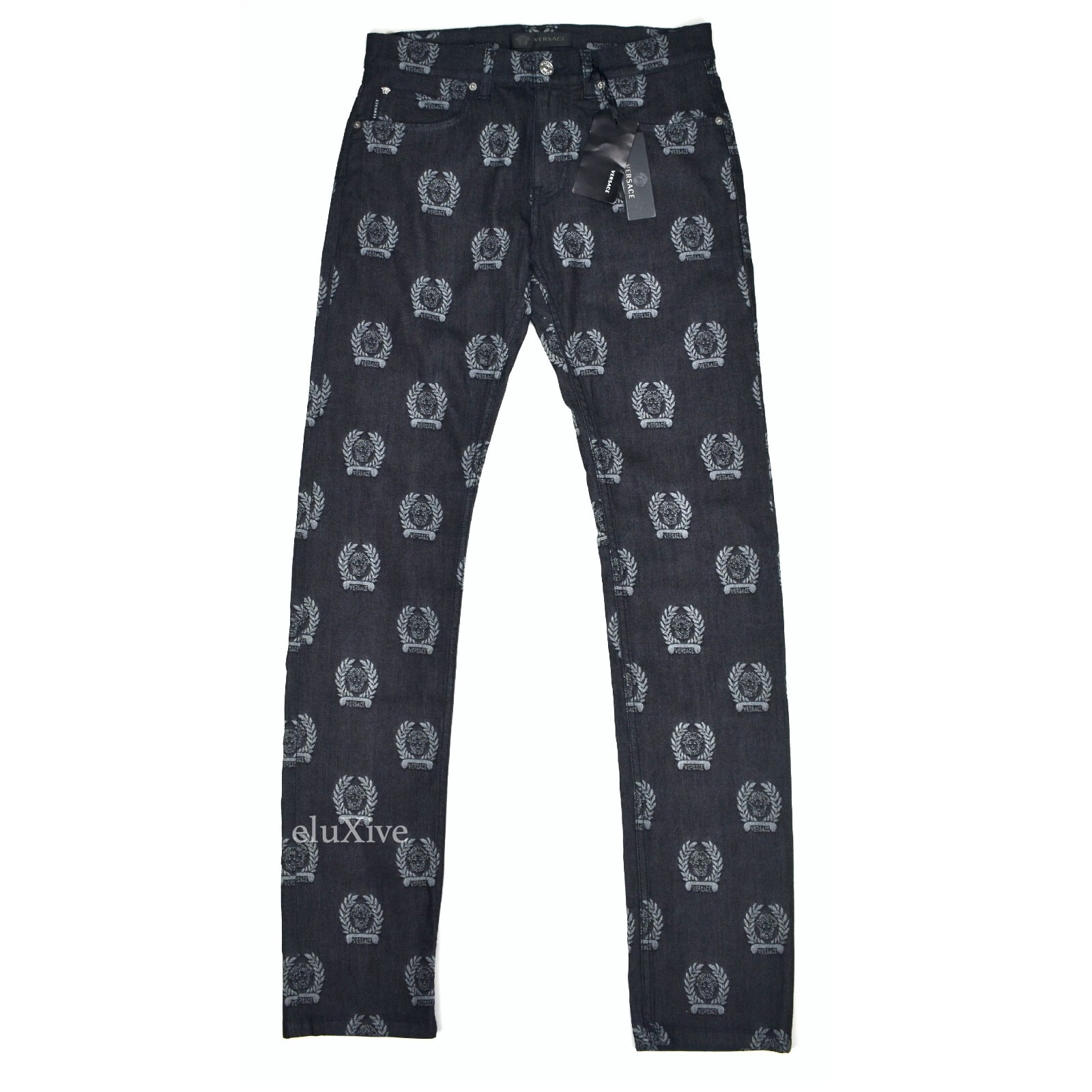 NWT $895 VERSACE Men's Black Medusa Wreath Logo Woven Denim Jeans