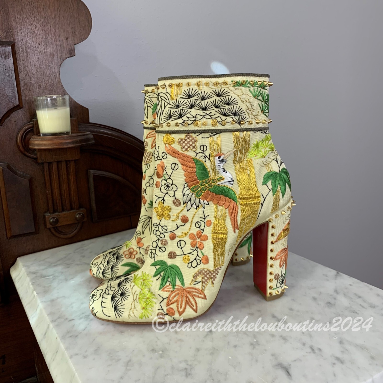 Christian Louboutin Bamboot 100 Hand-Embroidered Silk Boots size