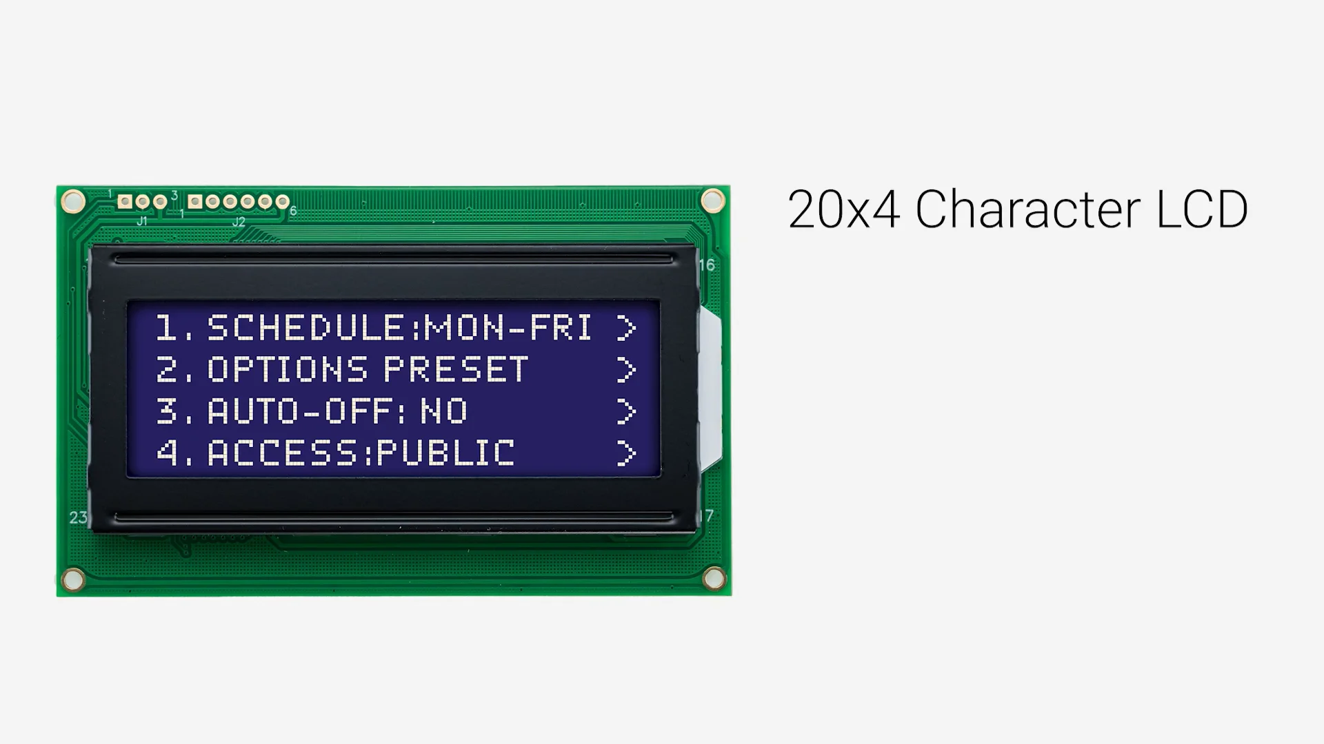 20x4文字LCD | STN- 青色シリアル表示装置（白色バックライト付き）