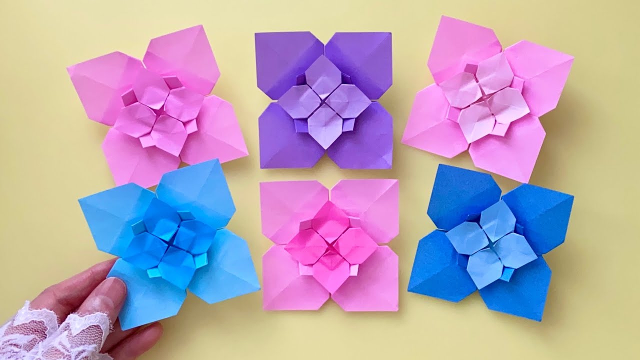折り紙】花・紫陽花（あじさい）／【Origami】Flowers, Hydrangea
