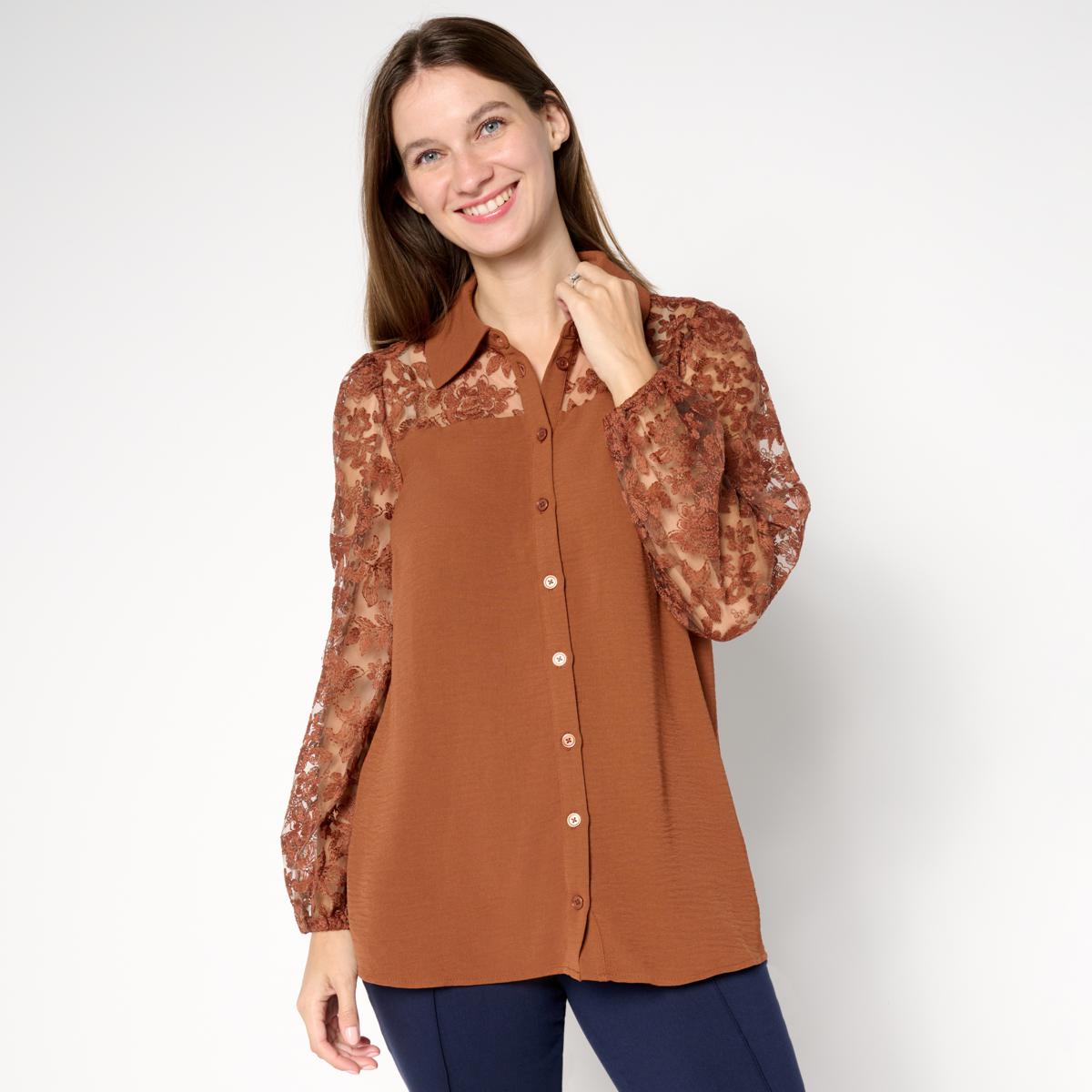 Nina Leonard Textured Wave and Embroidered Mesh Top | HSN