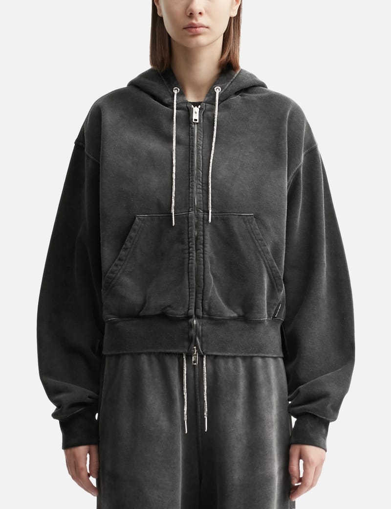 T By Alexander Wang - Cropped Zip-Up Hoodie With Crystal Hotfix
