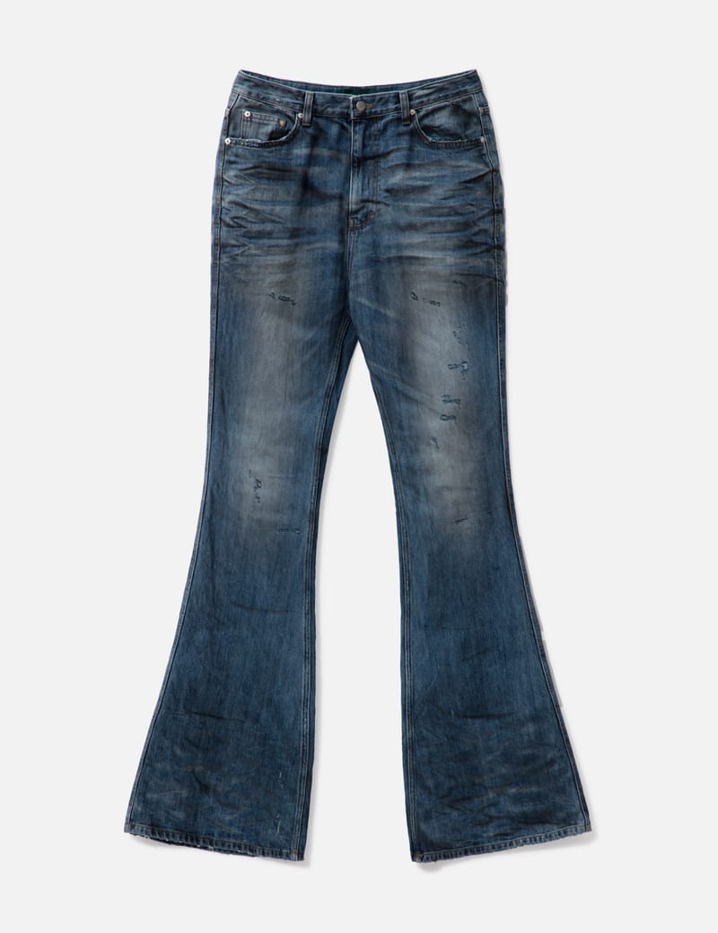 Undermycar - Oil Stained Wrinkled Wide Flare Jeans | HBX