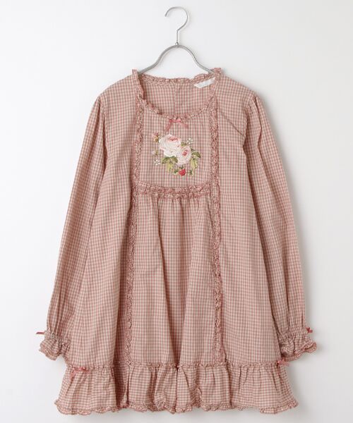 セール】 Berry Rose刺繍入りアンティークギンガムチュニックブラウス