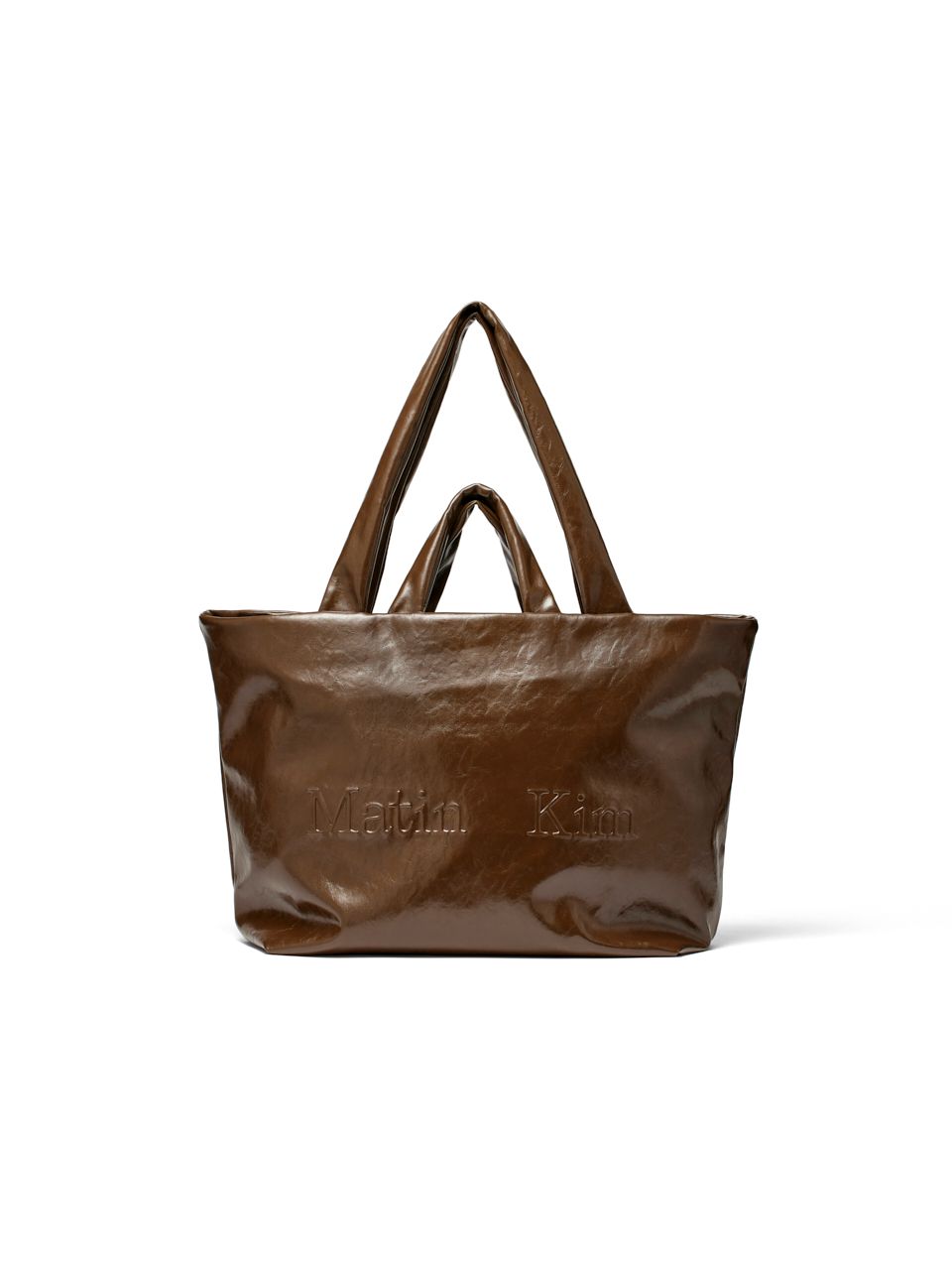 MUSINSA公式 | MATIN KIM EMBOSSED LOGO LEATHER MAXI BAG IN KHAKI BROWN