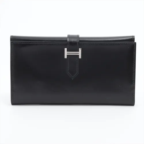 エルメス ベアン 三つ折り ボックスカーフ 財布 ブラック シルバー金具