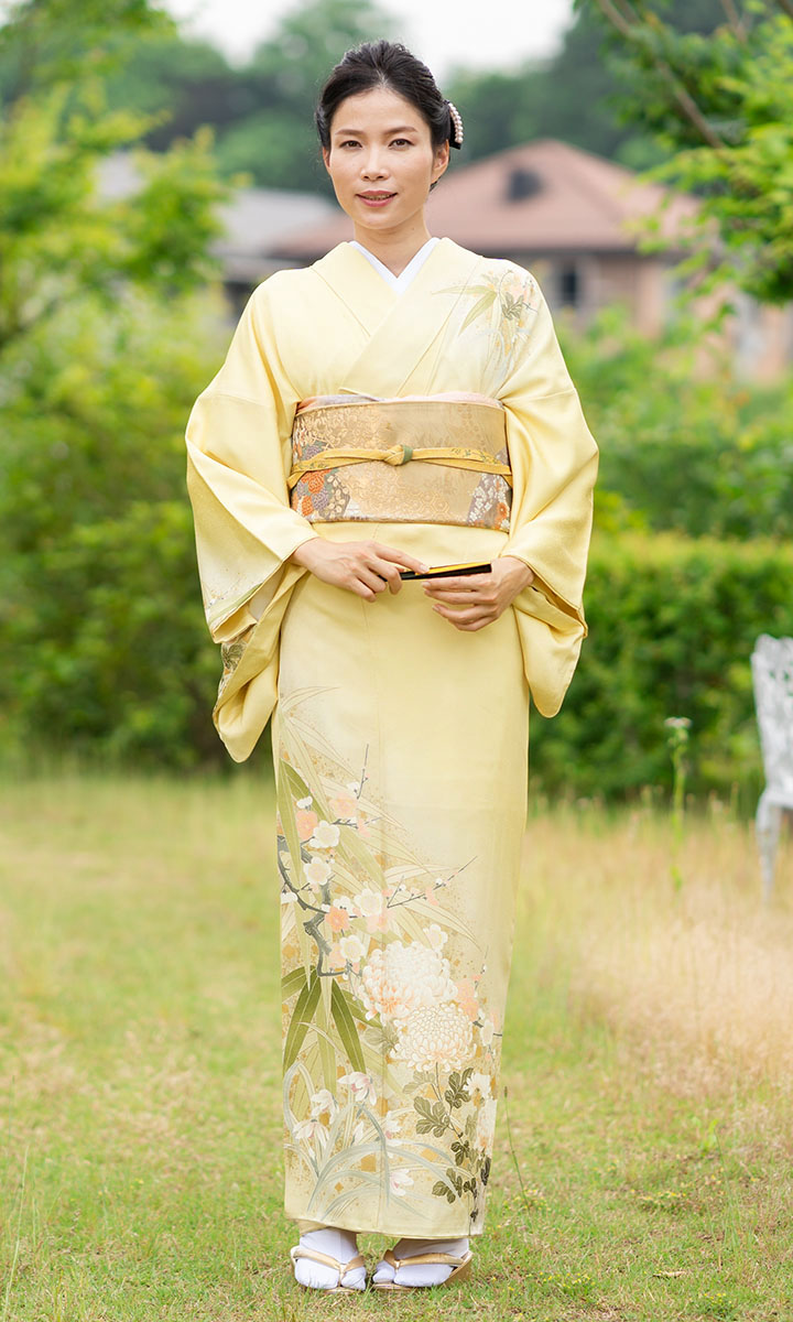 未使用 正絹 現代 名古屋帯 着物 和装 レモンイエロー 薄黄色 牡丹 364