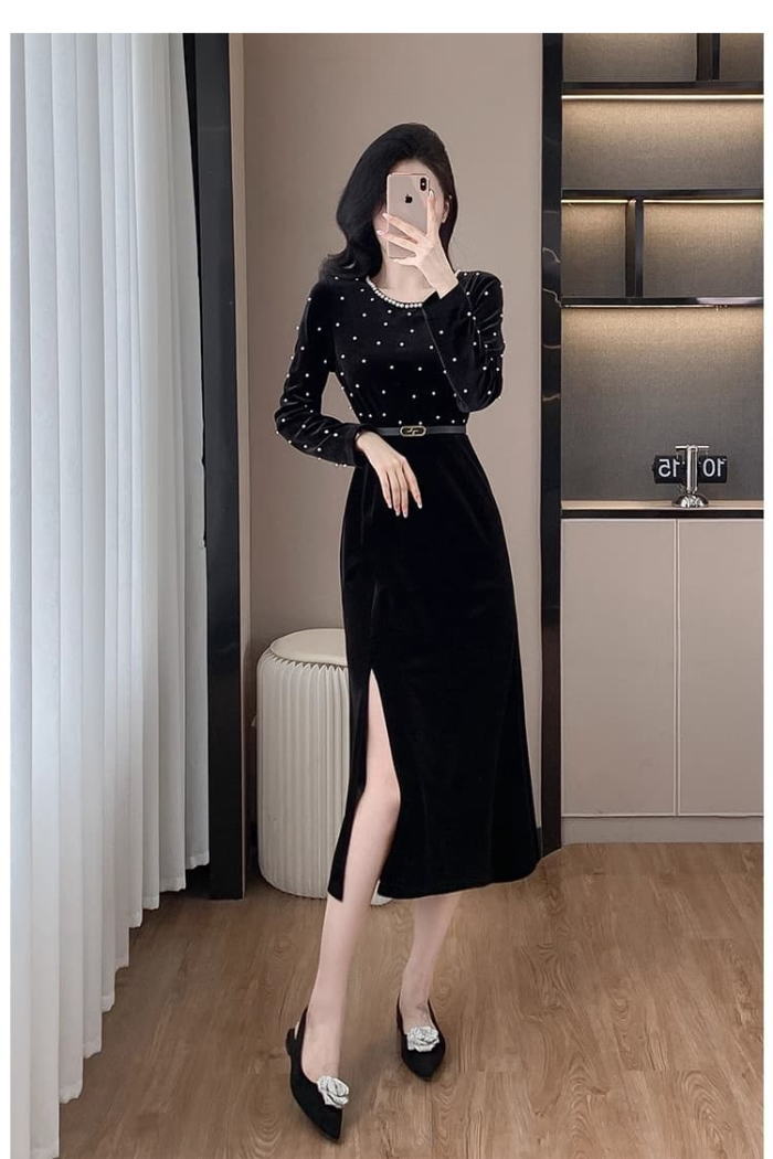 楽天市場】パーティドレス ワンピース ベロア ベルト パール 長袖