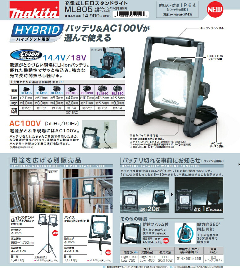 楽天市場】マキタ電動工具 14.4V/18V/AC100V用充電式LEDスタンドライト