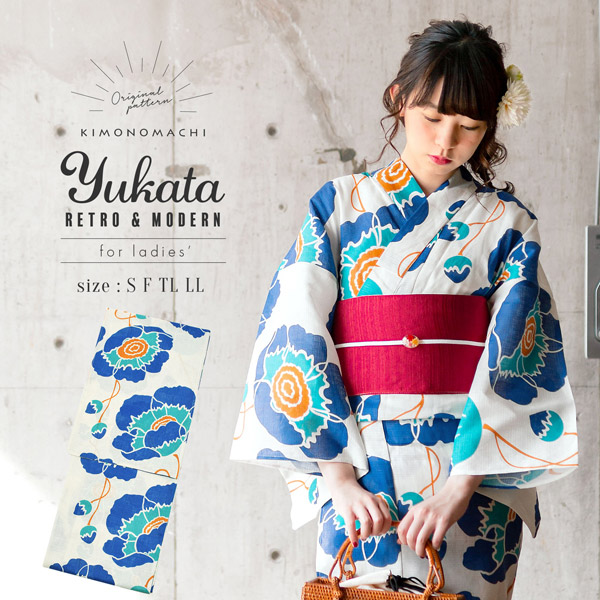 Prices down2】浴衣 レディース 単品 「レトロフラワー ブルー」 S F