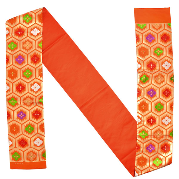 七五三 帯 7歳用 正絹袋帯 「朱色 亀甲花菱文」 未仕立て 西陣特選